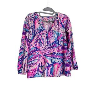 Lilly Pulitzer Top Womens Size XS Meg Colony Coral Long Sleeve Tunic Multicolor
